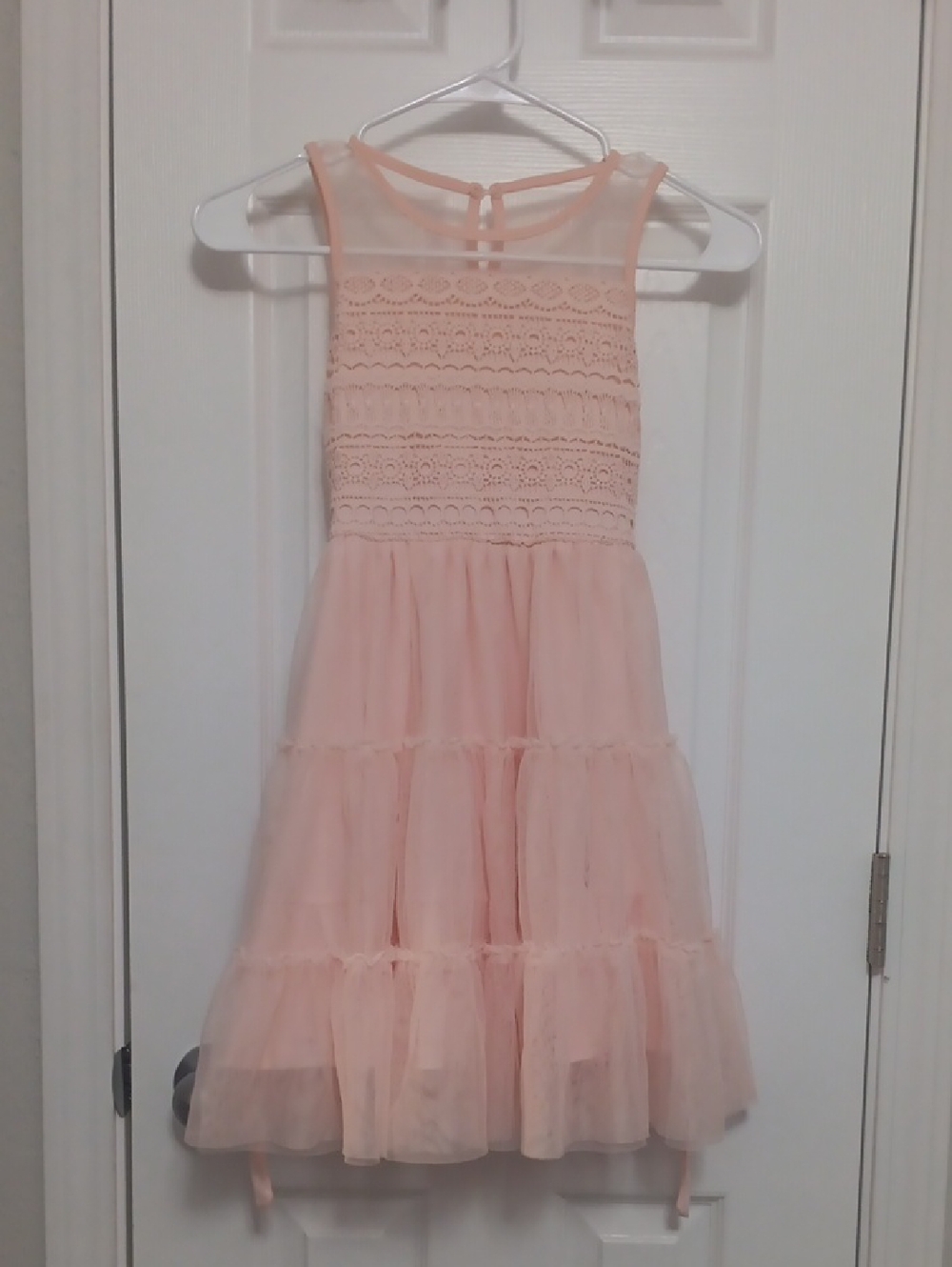 Girls Blush Pink Lace & Tiered Tulle Party Dress